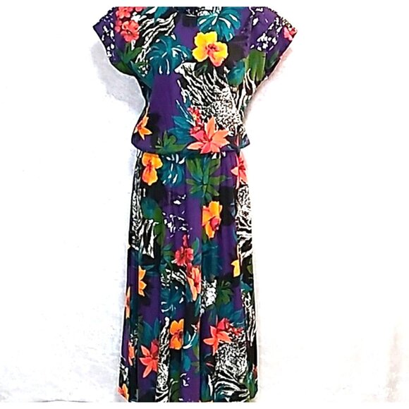 JESSICA HOWARD Vintage Dress 80s Womens 10 Roomy Vivid Floral Maxi Flower Power - Picture 1 of 11